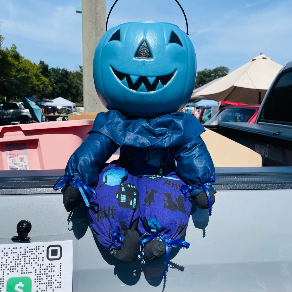 Halloween trick or treating sitting pail bucket person with cloth body